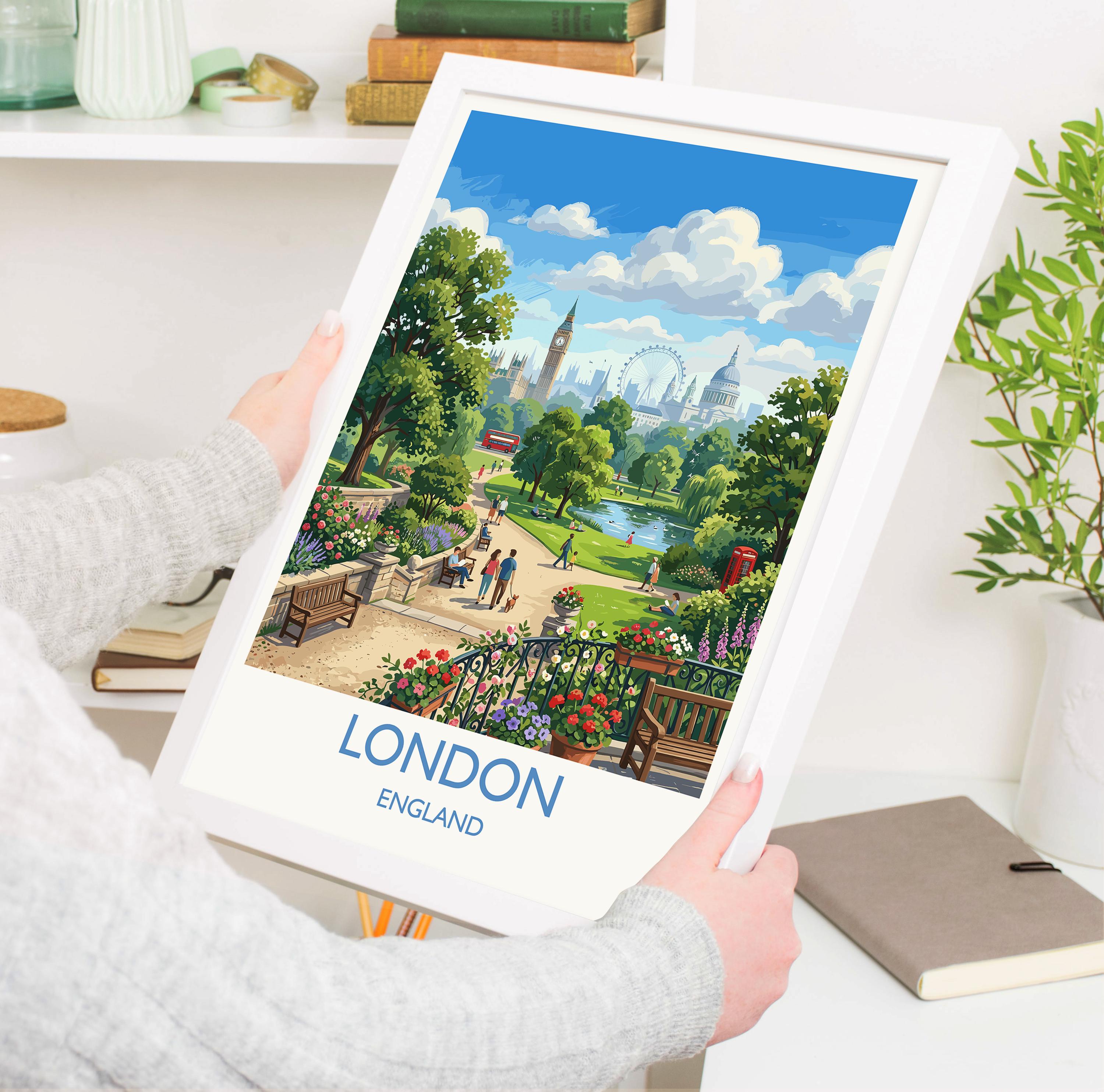 London Skyline Travel Poster, Big Ben & London Eye Wall Art, St Paul’s Cathedral Print, Vibrant Park Scene Illustration, Vintage Style Decor NQ Media Designs