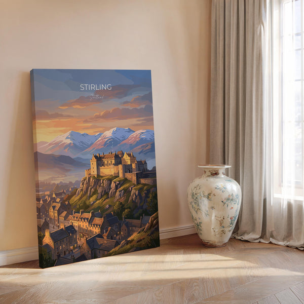 Stirling Castle Scotland Travel Print, Scottish Highlands Wall Art, Stirling Sunset Landscape Poster, Historic Castle Illustration, UK Decor