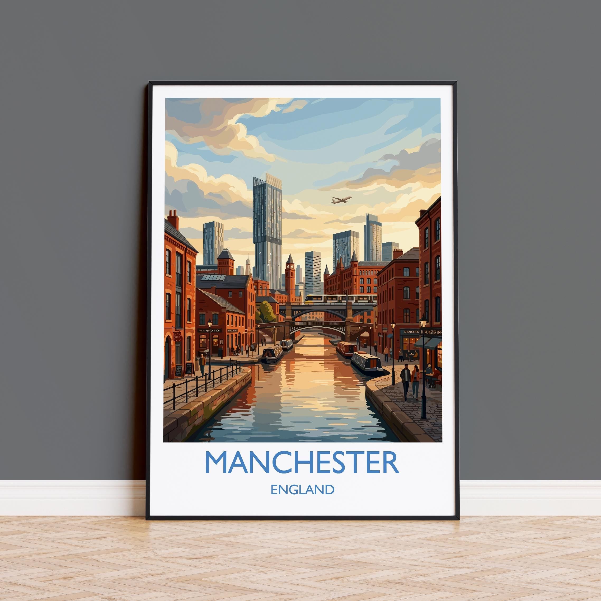 Manchester Travel Poster, Manchester Canal Skyline Wall Art, Airport Aircraft Cityscape Print, Modern English City, Vintage Style UK Decor