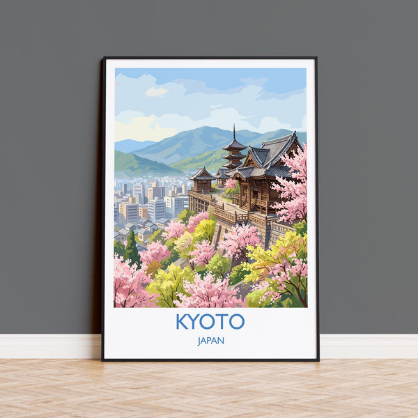 Kyoto Japan Travel Poster, Cherry Blossom Temple Wall Art, Japanese Landscape Print, Sakura Illustration, Asia Decor, Kyoto Gift
