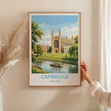 Cambridge Travel Poster, Kings College Cambridge Wall Art, River Cam Punting Scene Print, Historic University Illustration, UK Vintage Style NQ Media Designs
