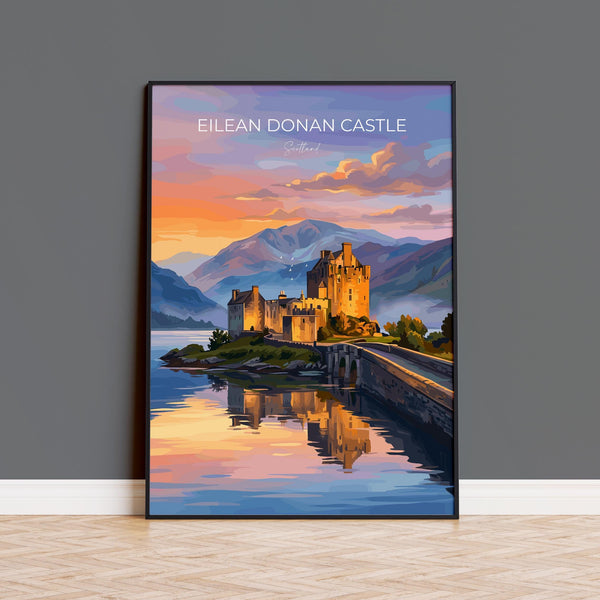 Eilean Donan Castle Scotland Travel Print, Scottish Highlands Castle Wall Art, Sunset Landscape Poster, Iconic Scotland Illustration