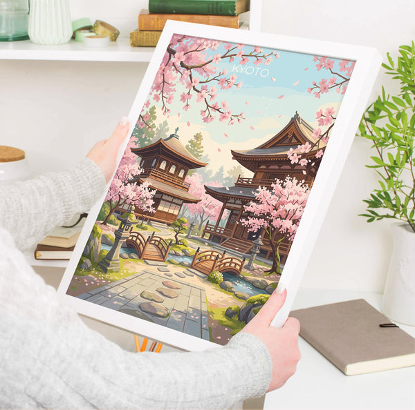 Kyoto Japan Travel Print, Cherry Blossom Temple Wall Art, Japanese Landscape Poster, Sakura Illustration, Asia Decor, Kyoto Gift