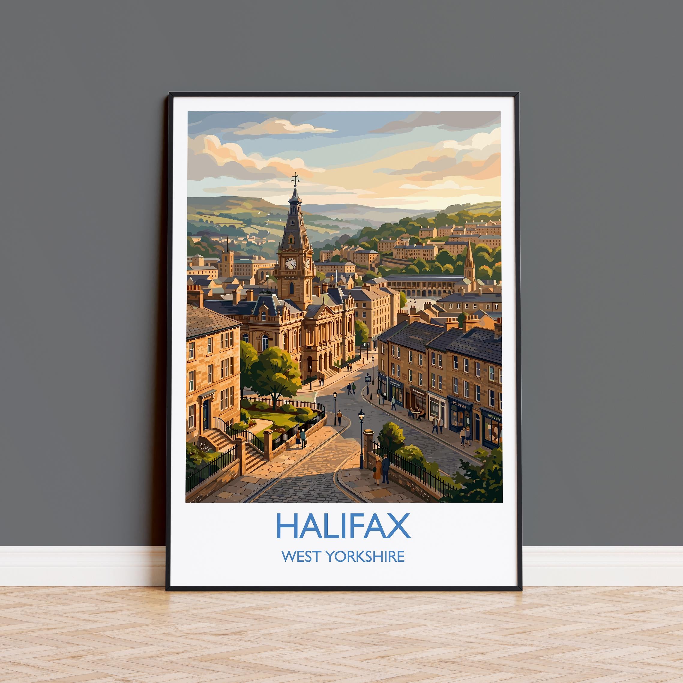Halifax West Yorkshire Travel Poster, Piece Hall Wall Art, Historic Market Town Print, Yorkshire Illustration, Vintage Style UK Decor