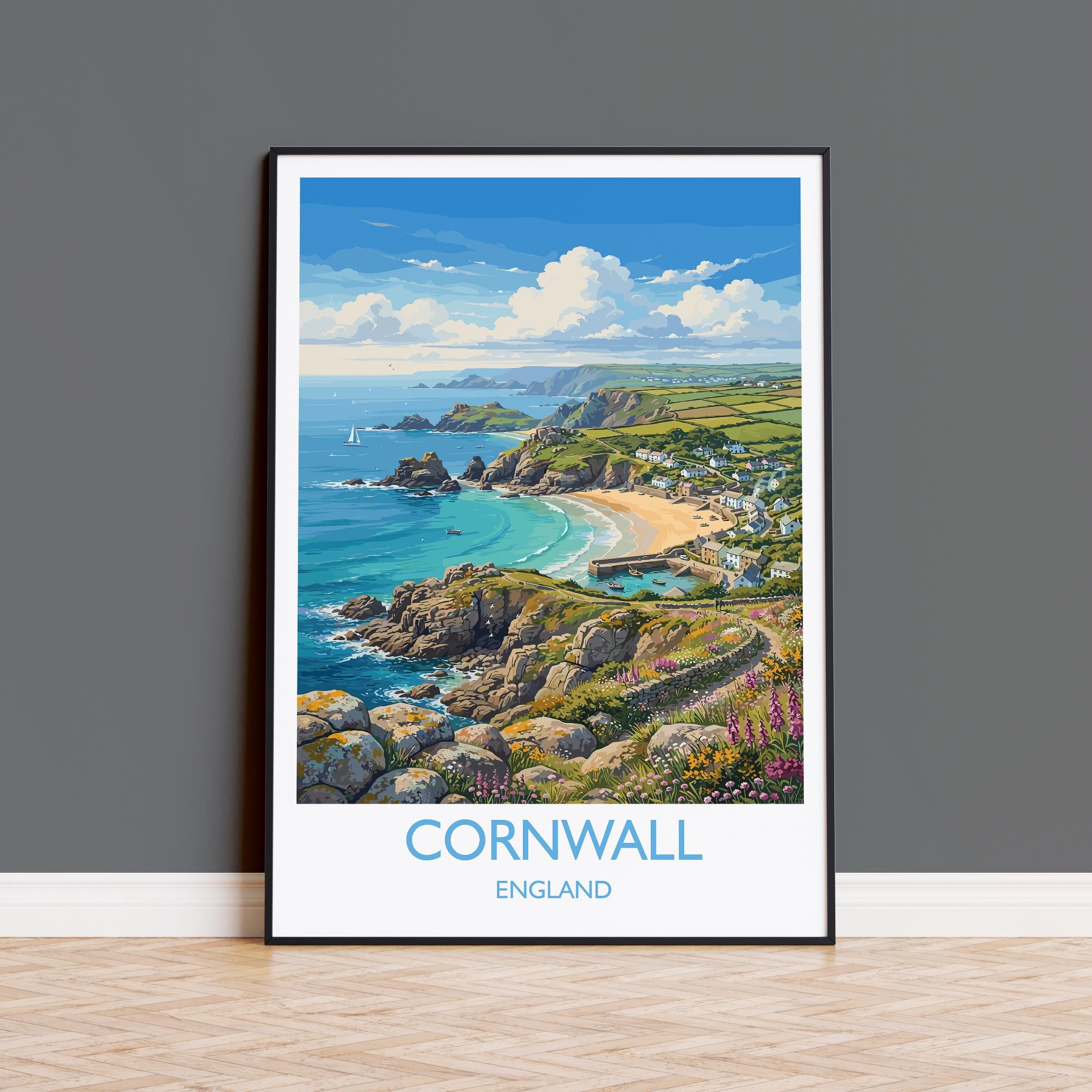 Cornwall England Travel Poster, Cornish Coast Wall Art, Coastal Landscape Print, Seaside Illustration, Vintage Style UK Decor