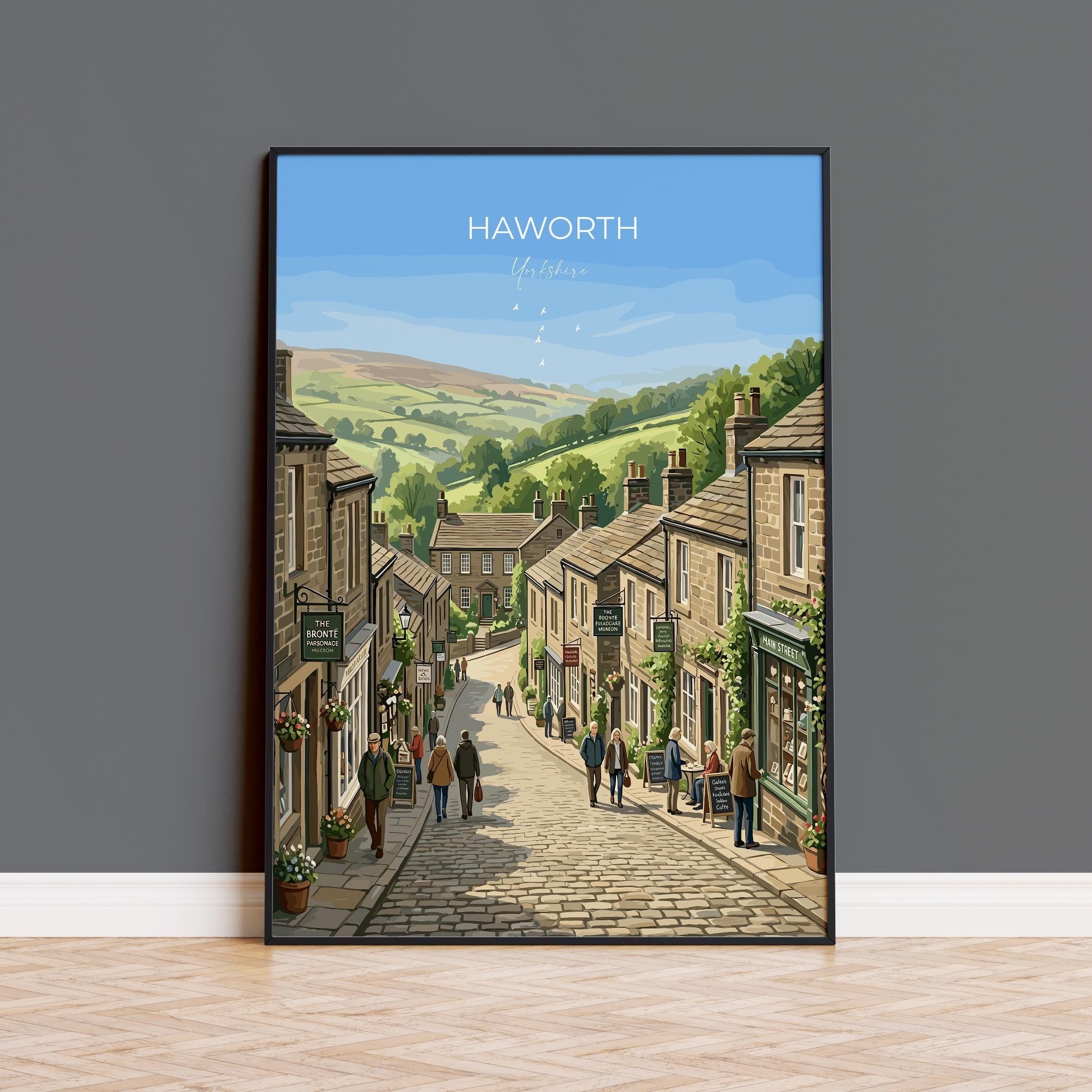 Haworth Yorkshire Travel Print, Brontë Village Wall Art, Historic Hill & Cottages Poster, English Countryside Illustration, Vintage UK Decor NQ Media Designs