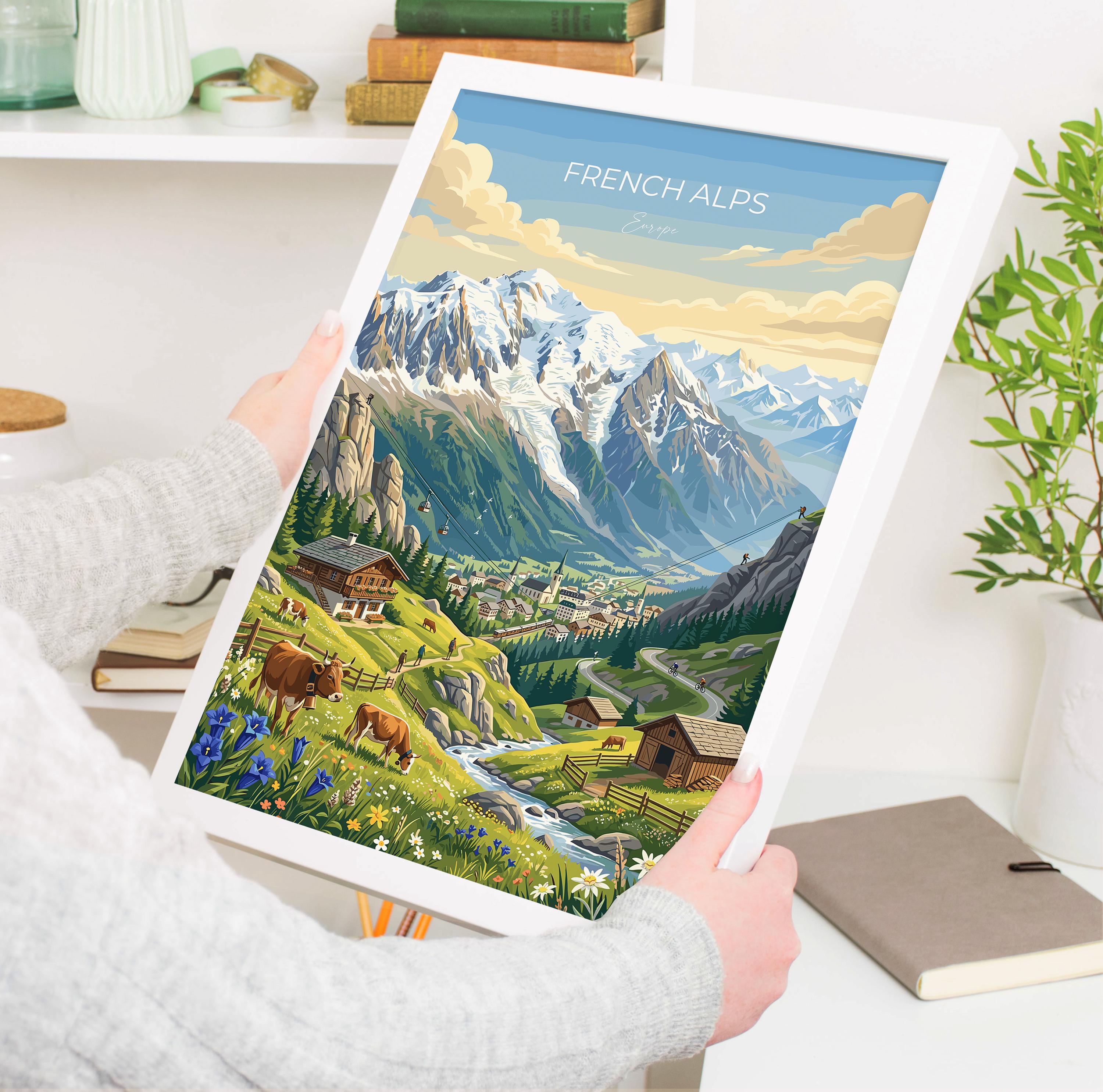 French Alps Travel Print, Mont Blanc Mountain Wall Art, Alpine Landscape Poster, France Mountain Illustration, Vintage Style Europe Decor