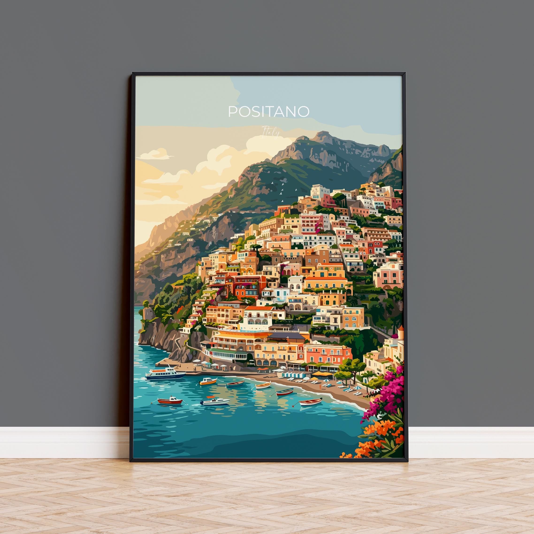 Positano Italy Travel Print, Amalfi Coast Wall Art, Mediterranean Cliffside Village Poster, Colourful Coastal Vintage Style Europe Decor