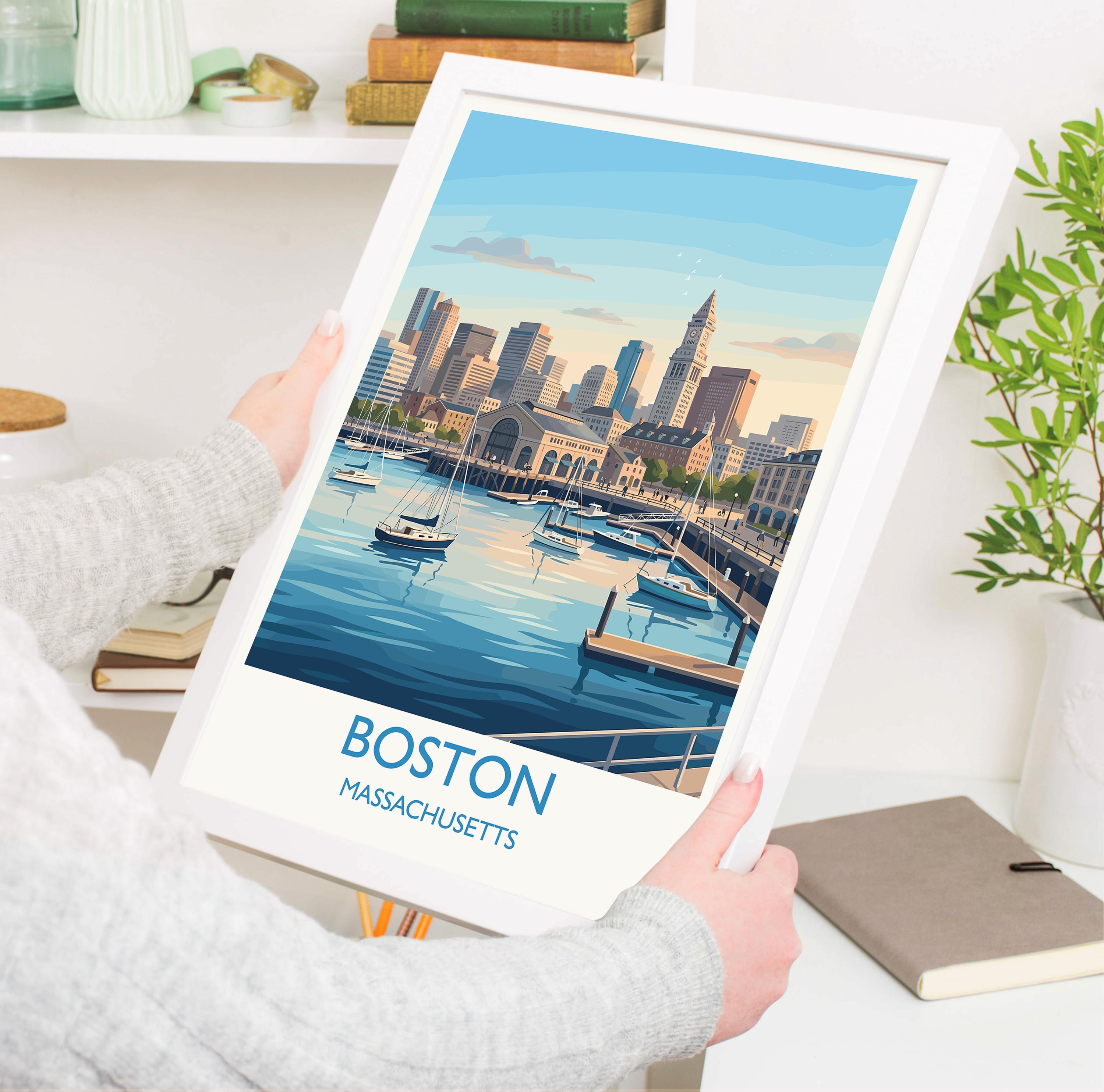 Boston USA Travel Poster, Boston Harbor Skyline Wall Art, Waterfront Cityscape Print, Massachusetts Illustration, Vintage Style Decor