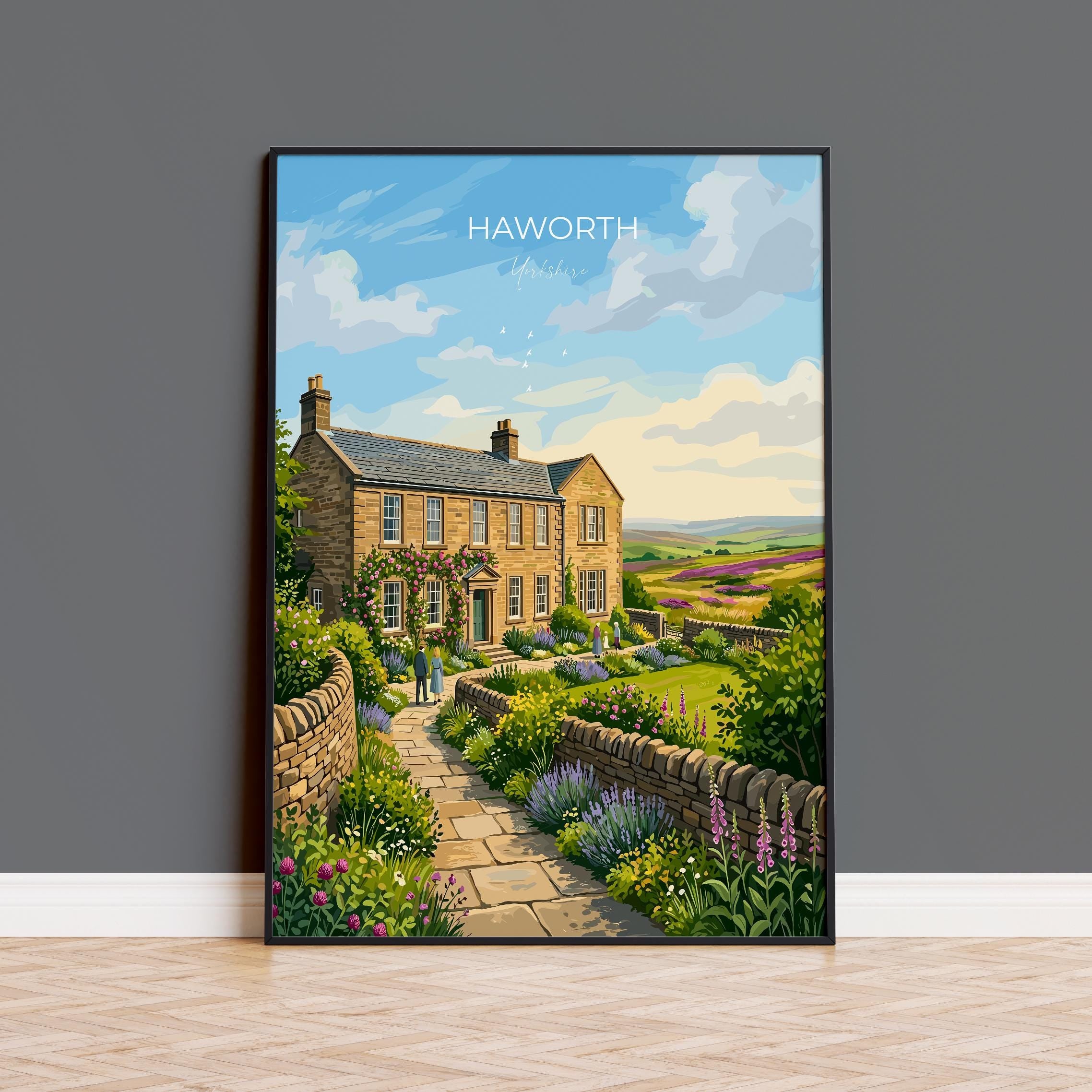 Haworth Parsonage Travel Print, Brontë Parsonage Museum Wall Art, Haworth Village Poster, Literary England Illustration, Vintage UK Decor
