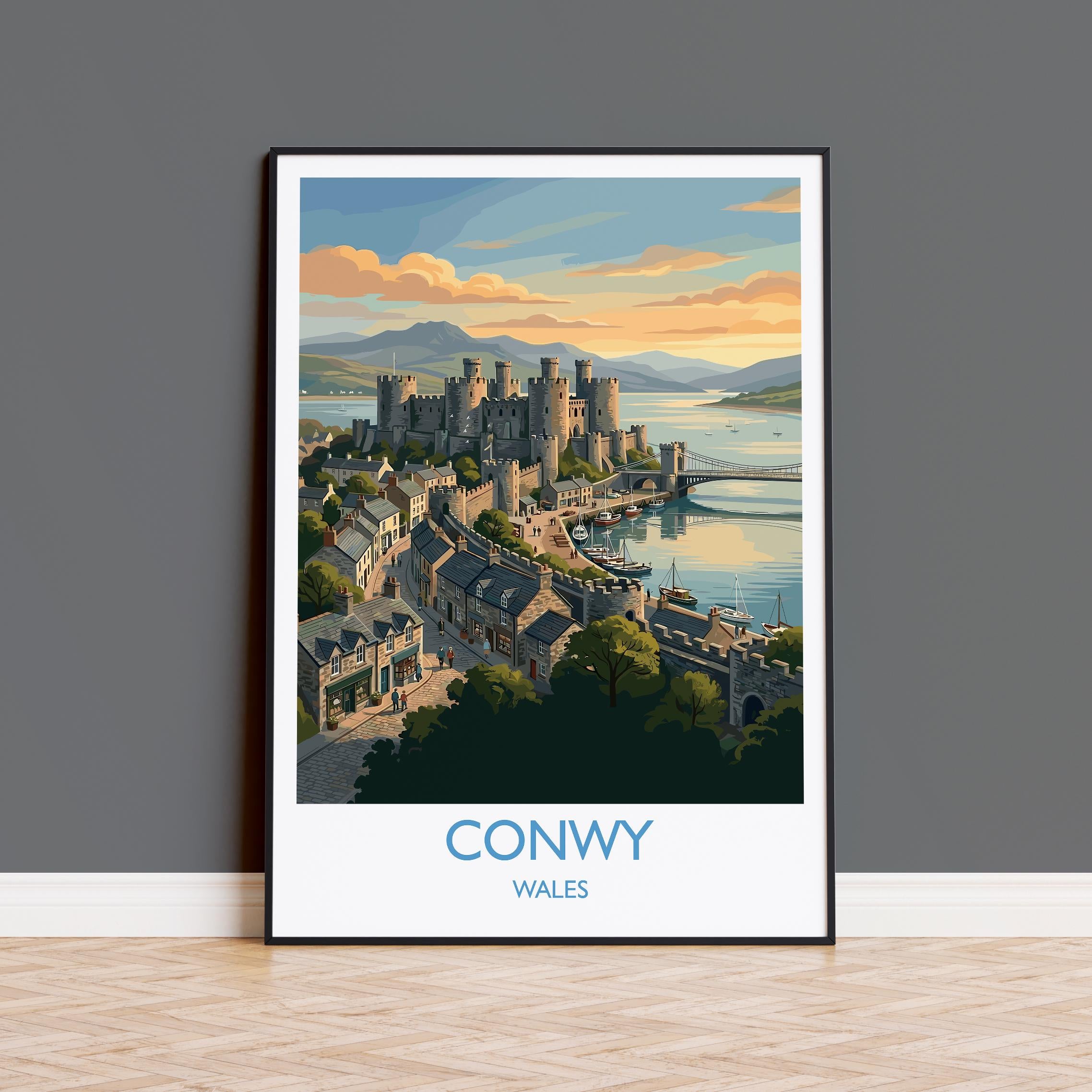 Conwy Wales Travel Poster, Conwy Castle Wall Art, Historic Harbour Print, North Wales Illustration, Vintage Style UK Decor