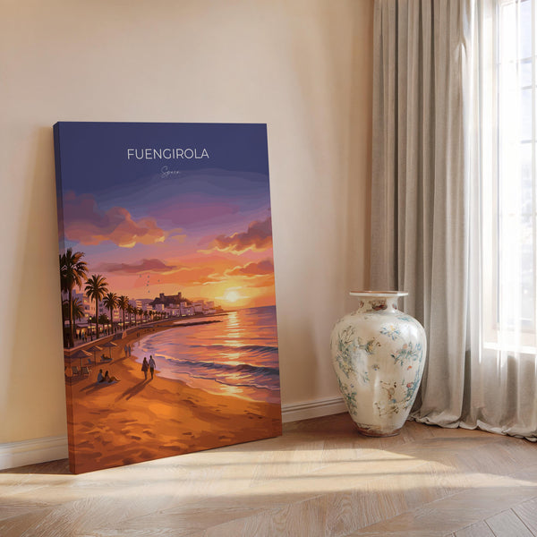Fuengirola Spain Sunset Travel Print, Costa del Sol Beach Wall Art, Seaside Promenade Poster, Spanish Coastal Illustration, Holiday Decor
