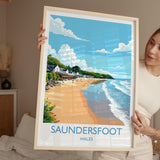 Saundersfoot Travel Poster – Pembrokeshire Coast Art with Wooden Frame Options NQ Media Designs