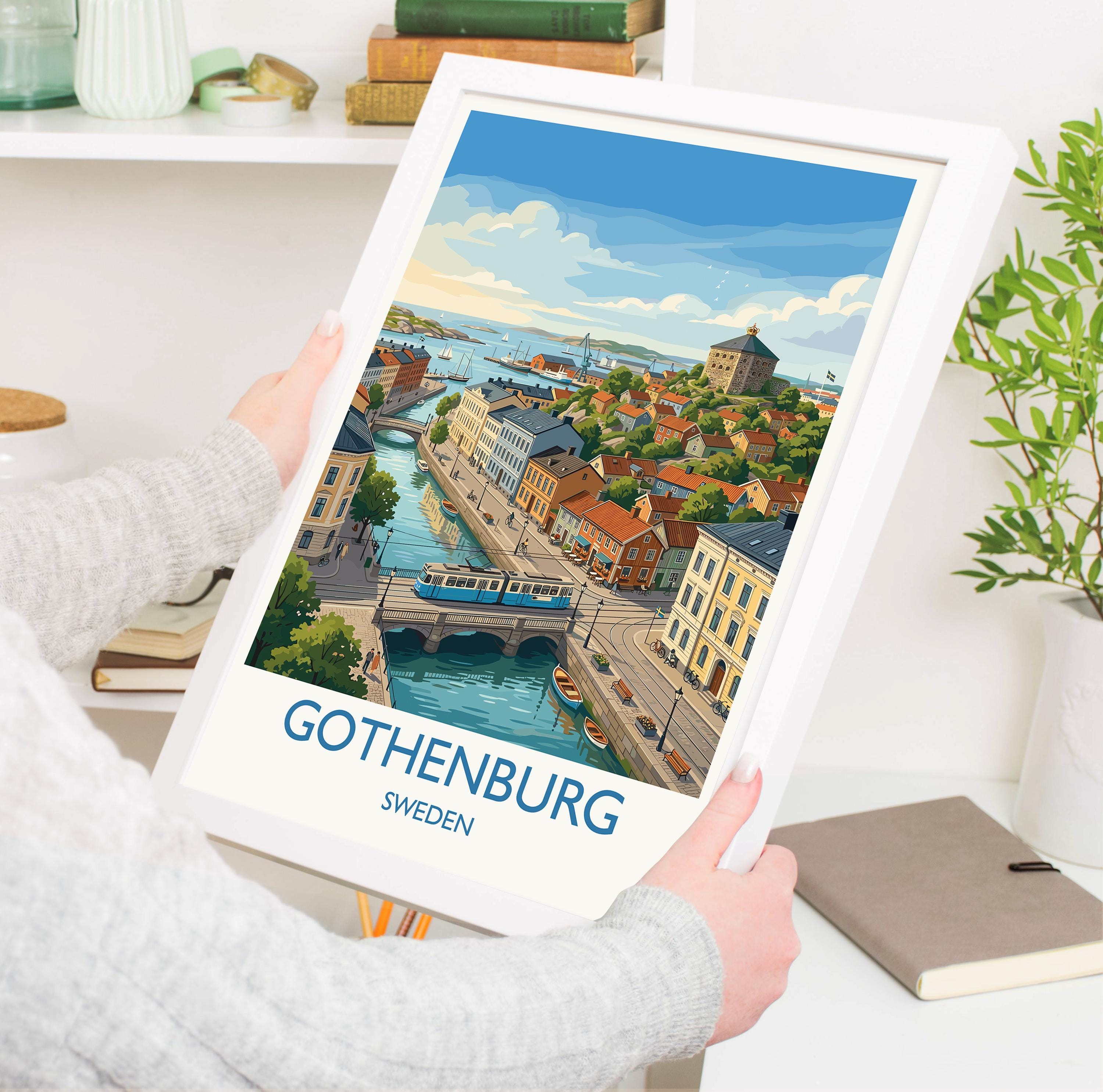 Gothenburg Sweden Travel Poster, Skansen Kronan Wall Art, Gothenburg Tram Print, Historic City & Harbour, Swedish Travel Poster