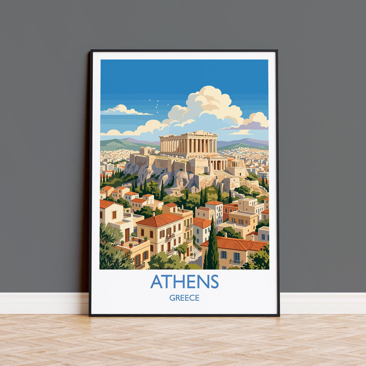 Athens Greece Print, Acropolis Wall Art with Border, Parthenon Poster, Greece Travel Print, Athens Gift Print