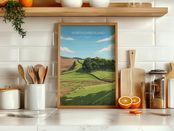 Northumberland Travel Poster, Travel Print of Northumberland Countryside, Hadrians Wall, England, Housesteads Fort Art, Wall Art Print