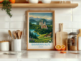 Bavarian Alps Travel Poster, Neuschwanstein Castle Wall Art, Bavaria Germany Print, Alpine Mountain Landscape Illustration, Europe Decor
