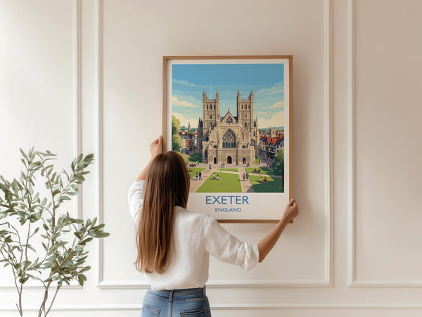 Exeter Cathedral Travel Poster, Exeter Devon Wall Art, Historic England City Print, Gothic Architecture Illustration, UK Decor, Exeter Gift