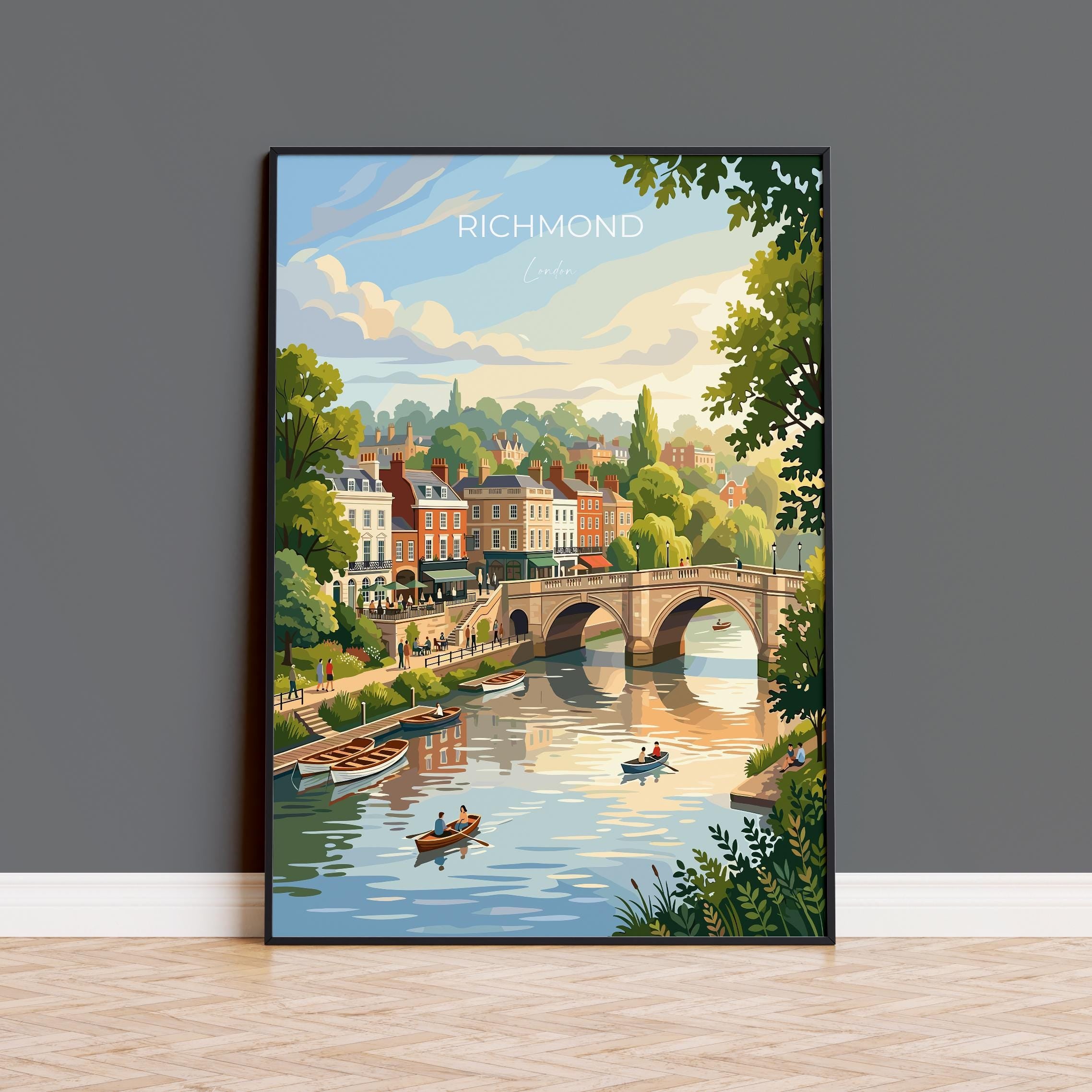 Richmond upon Thames Travel Print, Richmond Bridge River Thames Wall Art, London Riverside Poster, Historic Town Art, Vintage Style UK Decor