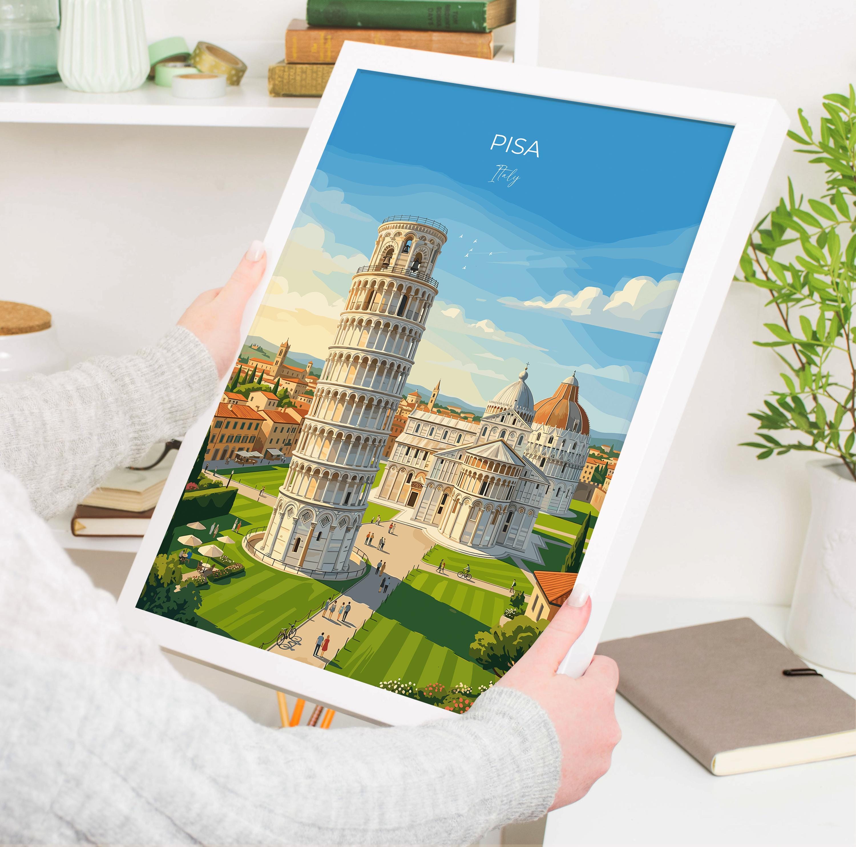 Pisa Italy Travel Print, Leaning Tower of Pisa Wall Art, Piazza dei Miracoli Poster, Tuscany Travel Poster, Italian Vintage Decor
