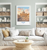 Rome St Peters Basilica Travel Poster, Vatican Skyline Wall Art, Tiber River View Print, Historic Cityscape Illustration, Italy Decor