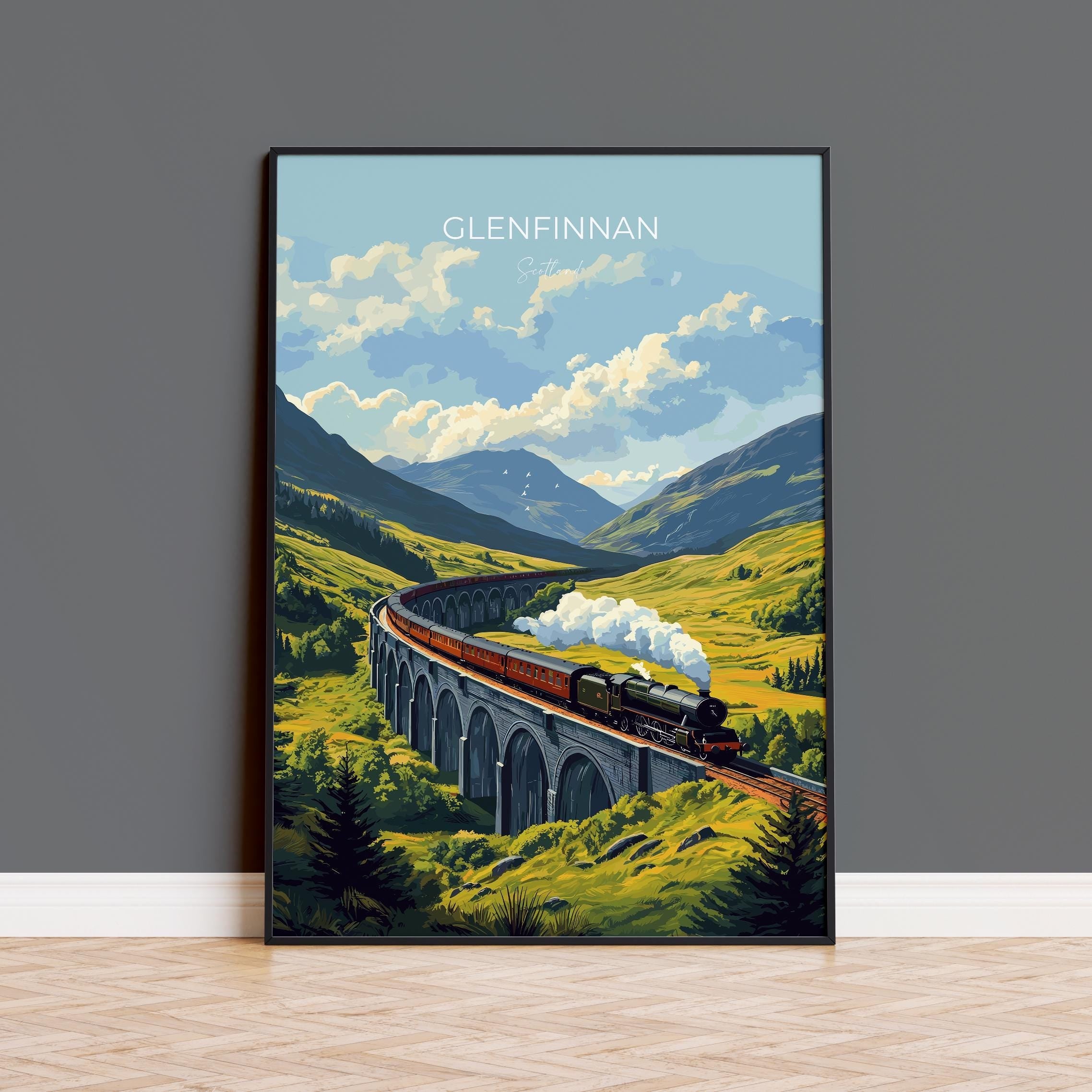 Glenfinnan Viaduct Travel Poster Wall Art, Scottish Highlands Art, Railway Bridge Print, Scotland Landscape, Steam Train Decor Artwork NQ Media Designs