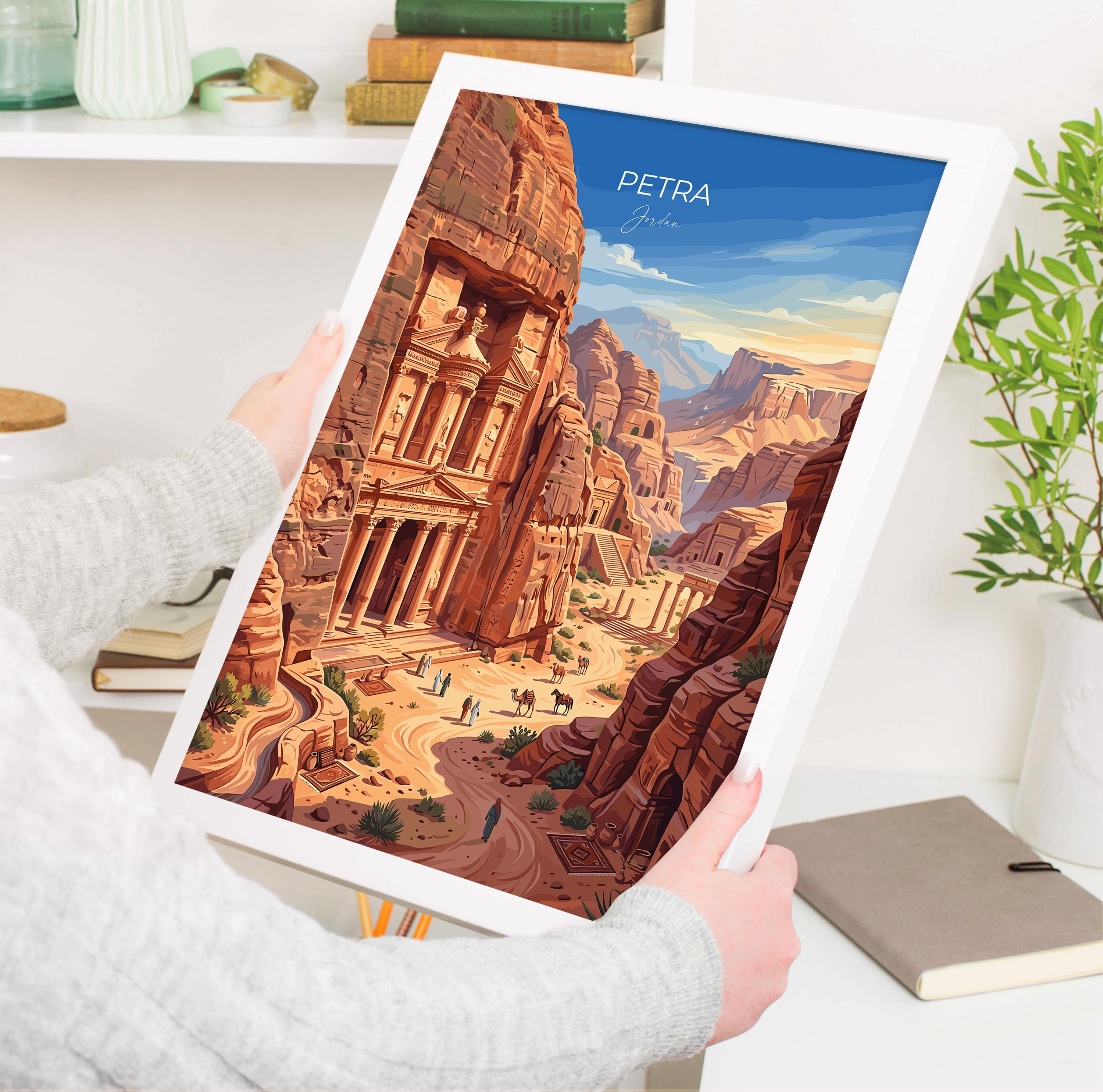 Petra Jordan Travel Print, Al-Khazneh Treasury Wall Art, Rose City Poster, Ancient Wonder Illustration, Vintage Style Middle East Decor