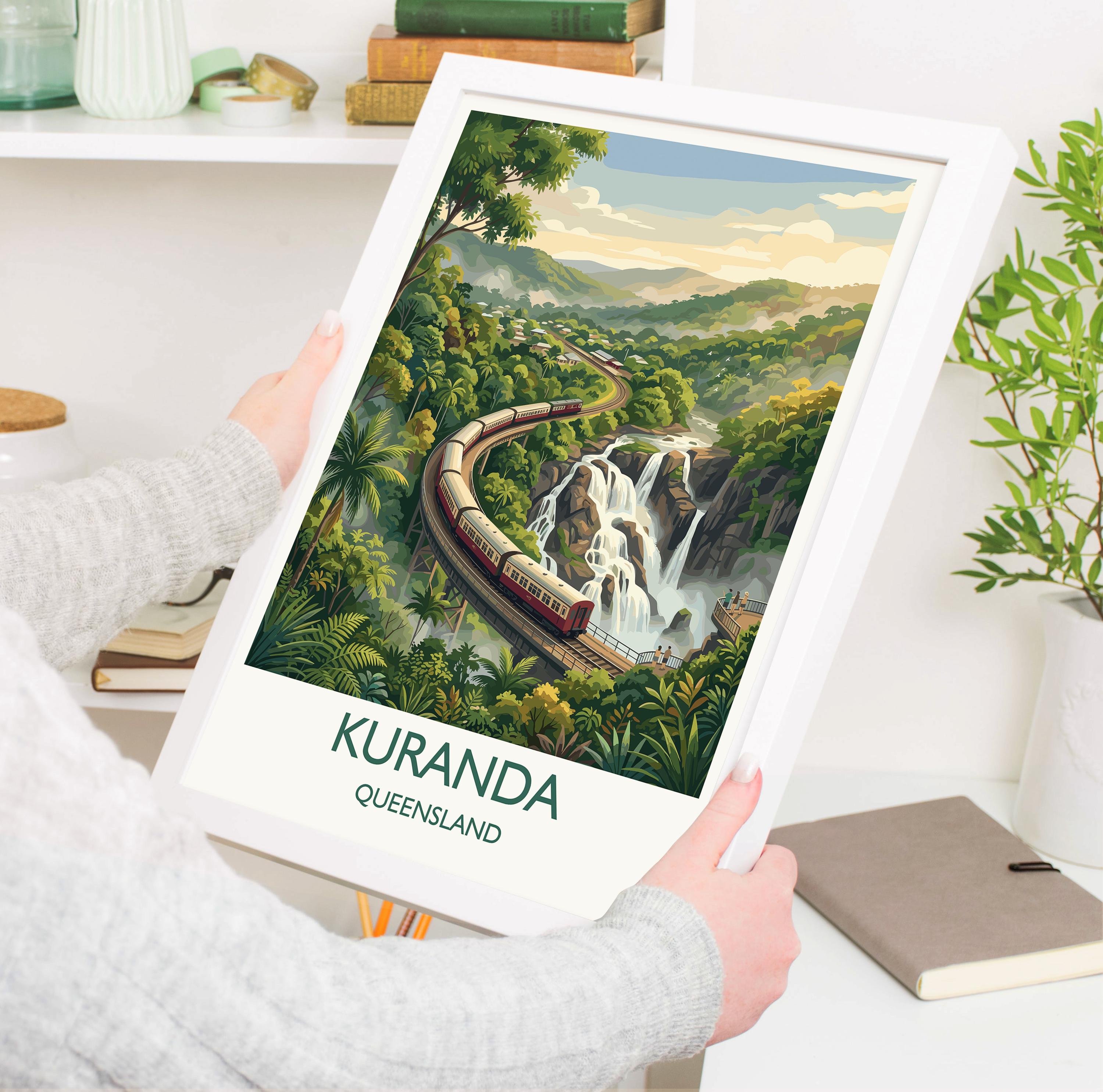 Kuranda Australia Travel Poster, Kuranda Scenic Railway Wall Art, Queensland Rainforest Waterfall Print, Tropical Vintage Style Decor