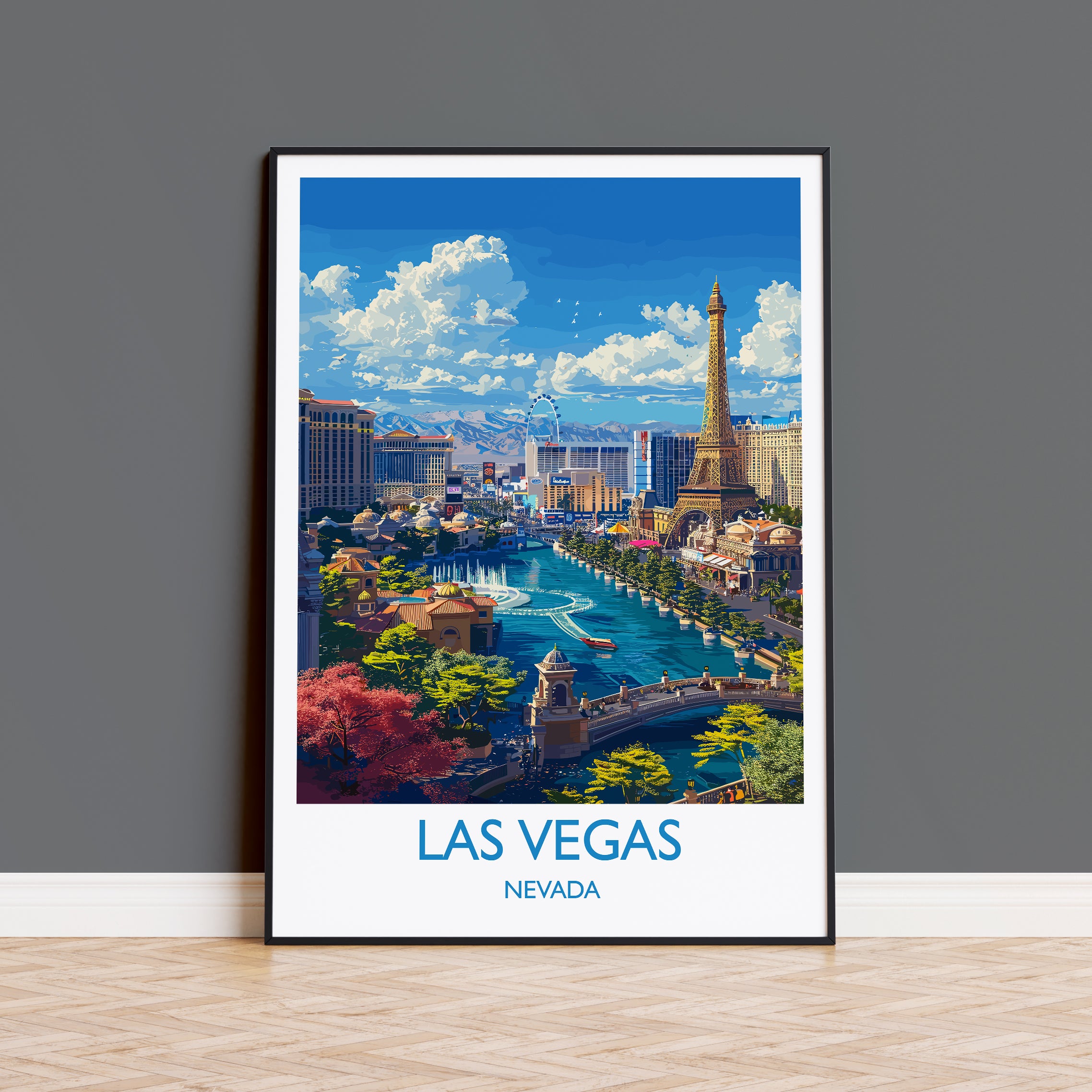 a poster of las vegas with the las vegas skyline in the background