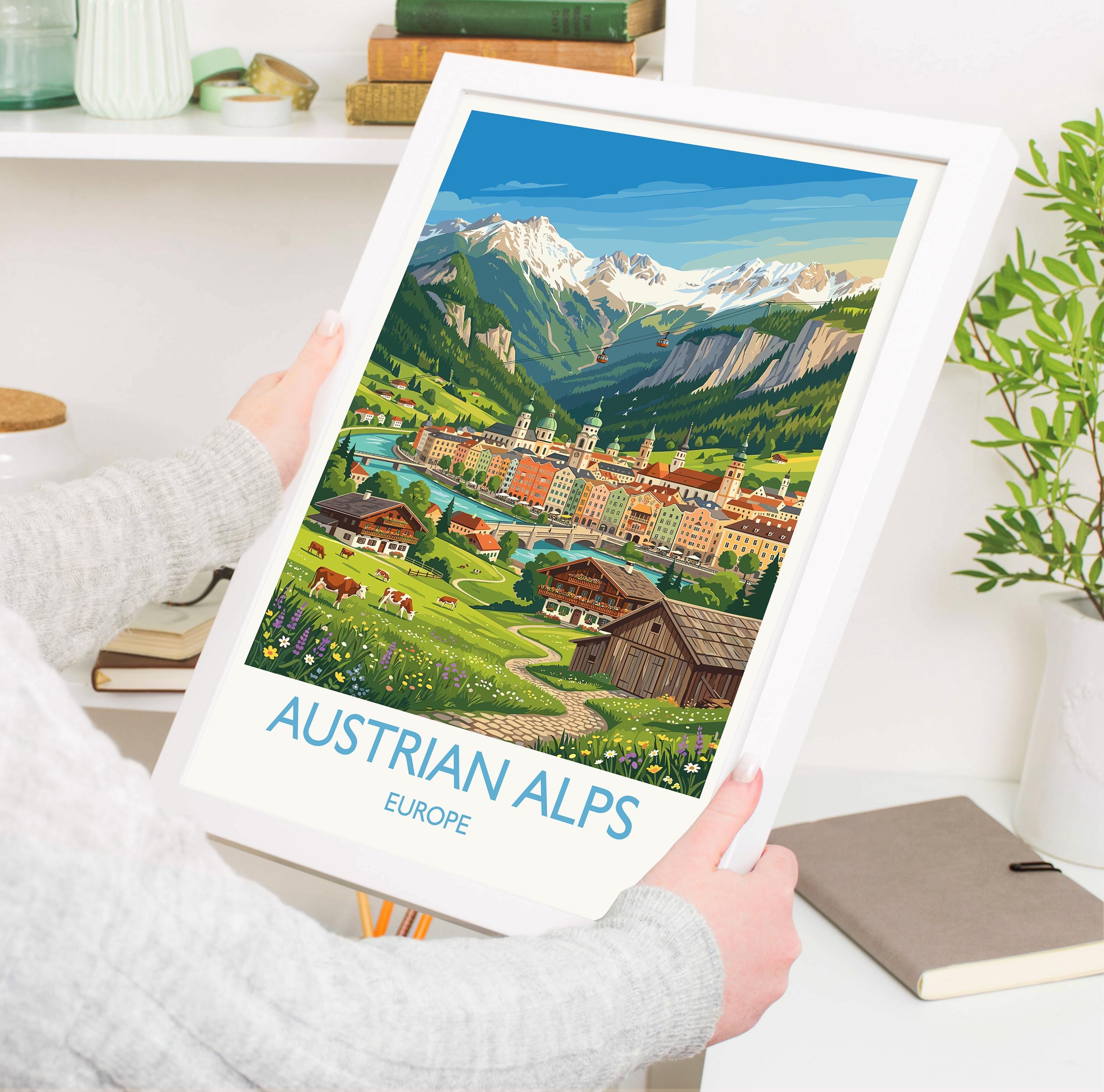 Austrian Alps Travel Poster, Austria Mountain Wall Art, Alpine Landscape Print, Tyrol Mountain Illustration, Vintage Style Europe Decor
