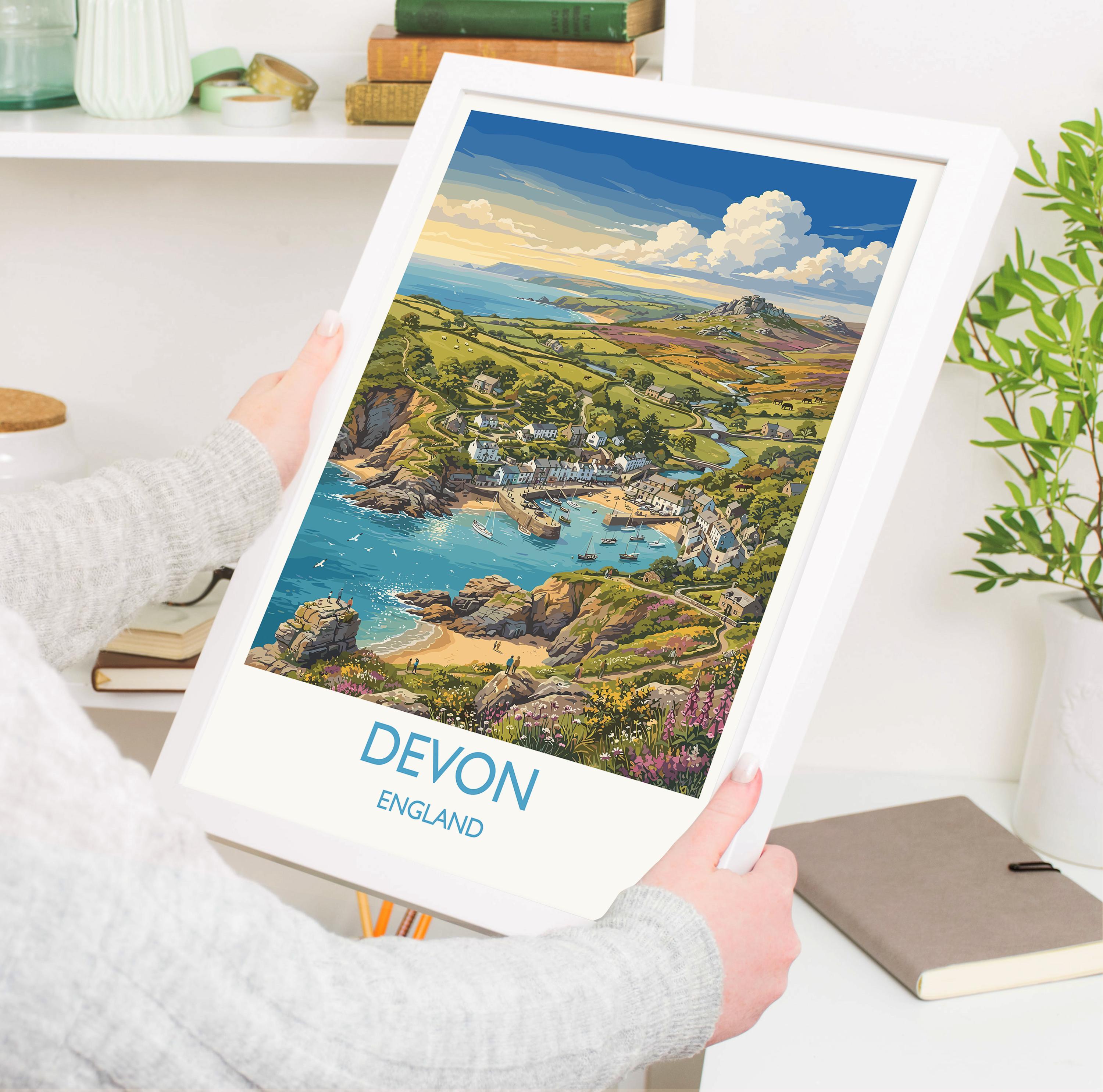 Devon England Travel Poster, Devon Coast Wall Art, English Riviera Print, Dartmoor Landscape, Vintage Style UK Decor