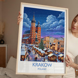 Krakow Christmas Market Print, Poland Winter Wall Art with Border, St Mary’s Basilica Poster, Festive Travel Print, Krakow Gift