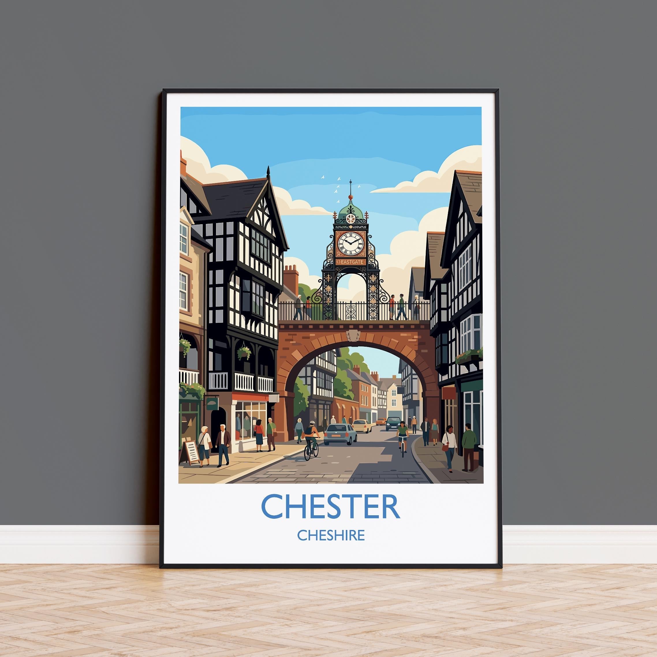 Chester Eastgate Clock Travel Poster, Chester City Wall Art, Historic UK Architecture Print, Vintage Style England City Decor, Chester Gift NQ Media Designs