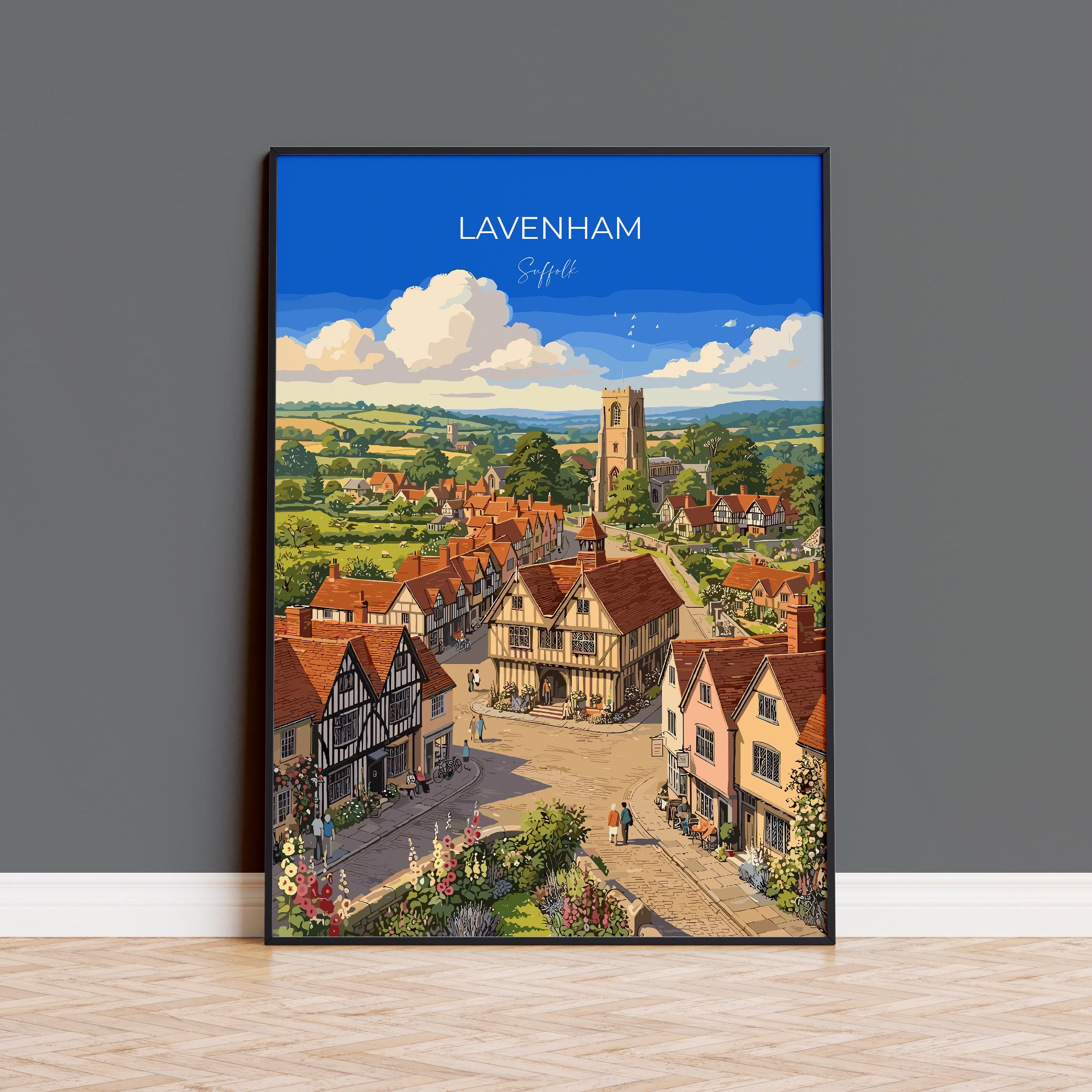 Lavenham Suffolk Travel Poster, Medieval Village Wall Art, Guildhall Print, Timber-Framed Houses Illustration, Vintage Style UK Decor