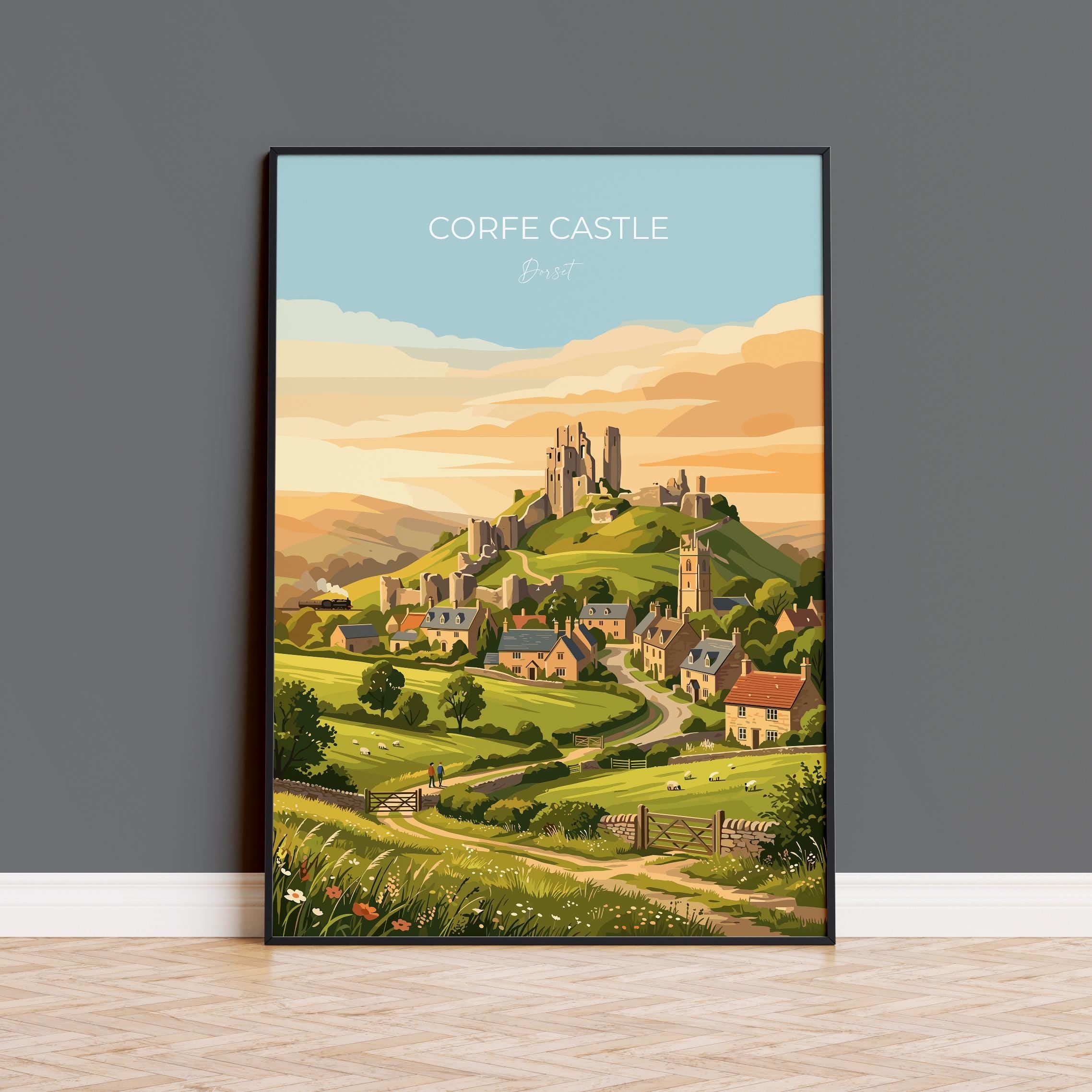 Corfe Castle Dorset Travel Print, Historic Castle Ruins Wall Art, Dorset Countryside Poster, English Heritage Illustration, Vintage UK Decor