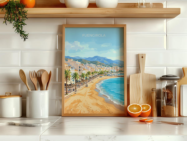 Fuengirola Spain Travel Print, Costa del Sol Beach Wall Art, Seaside Promenade Poster, Spanish Coastal Illustration, Holiday Decor