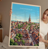 Chesterfield Travel Poster, Crooked Spire Church Wall Art, Derbyshire Town Print, St Marys Church Illustration, Chesterfield Gift