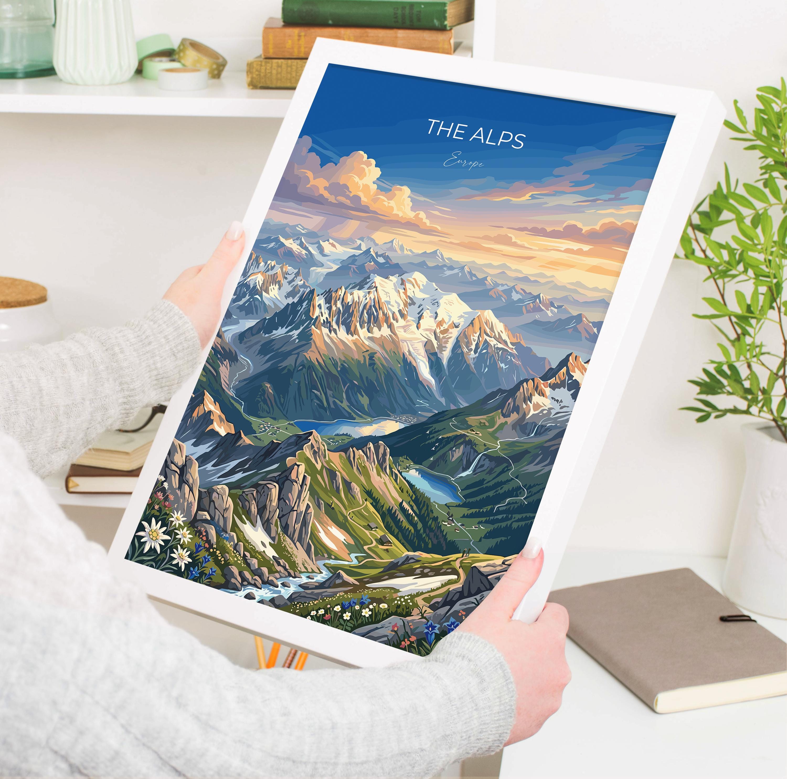 The Alps Europe Travel Print, Alpine Mountains Wall Art, Snow-Capped Peaks Poster, European Landscape Illustration, Vintage Style Decor