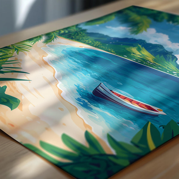 A vibrant illustration depicting a boat floating on a serene blue body of water, surrounded by lush green foliage and palm trees, with a picturesque beach scene in the background.