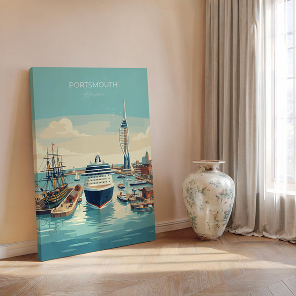 Portsmouth Travel Print Poster, Southsea & Spinnaker Tower Wall Art, Hampshire Coastal City Illustration, UK Travel Decor, Seaside Gift