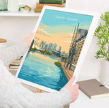 Canary Wharf London Travel Print, Royal Victoria Dock Wall Art, London Skyline Poster, O2 & Cable Car, East London Travel Poster