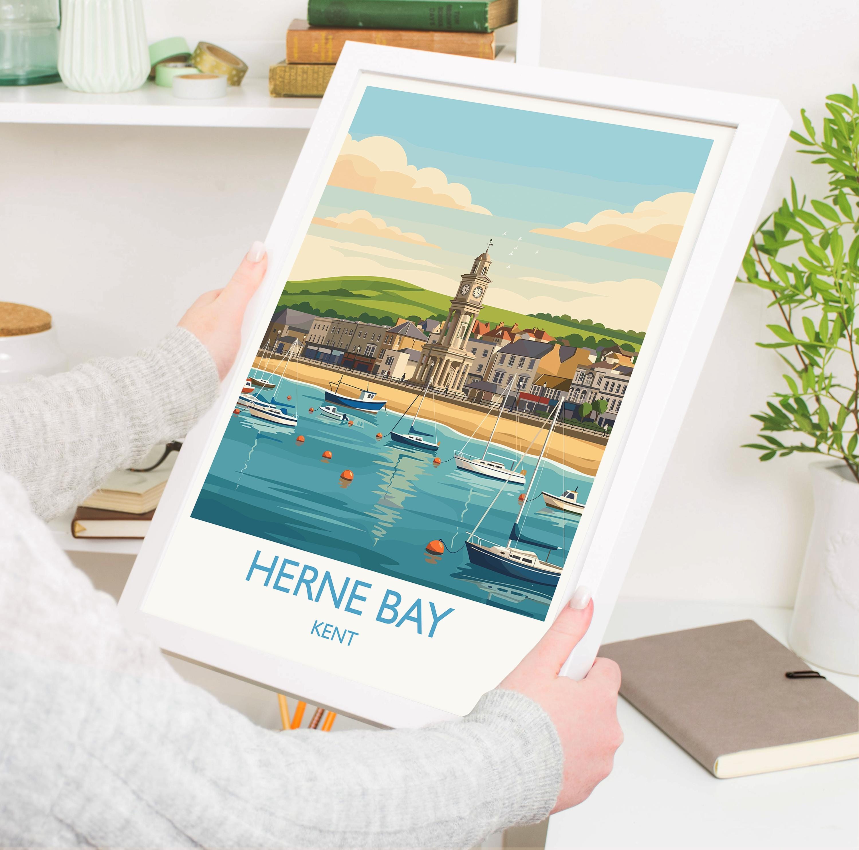 Herne Bay Travel Poster, Kent Seaside Wall Art, Herne Bay Clock Tower Print, Beachfront Illustration, Vintage Style UK Coastal Decor