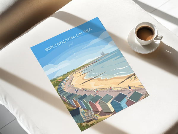 Birchington on Sea Travel Poster, Reculver Towers Beach Huts Wall Art, Kent Coast Print, Seaside Landscape Illustration, UK Coastal Decor