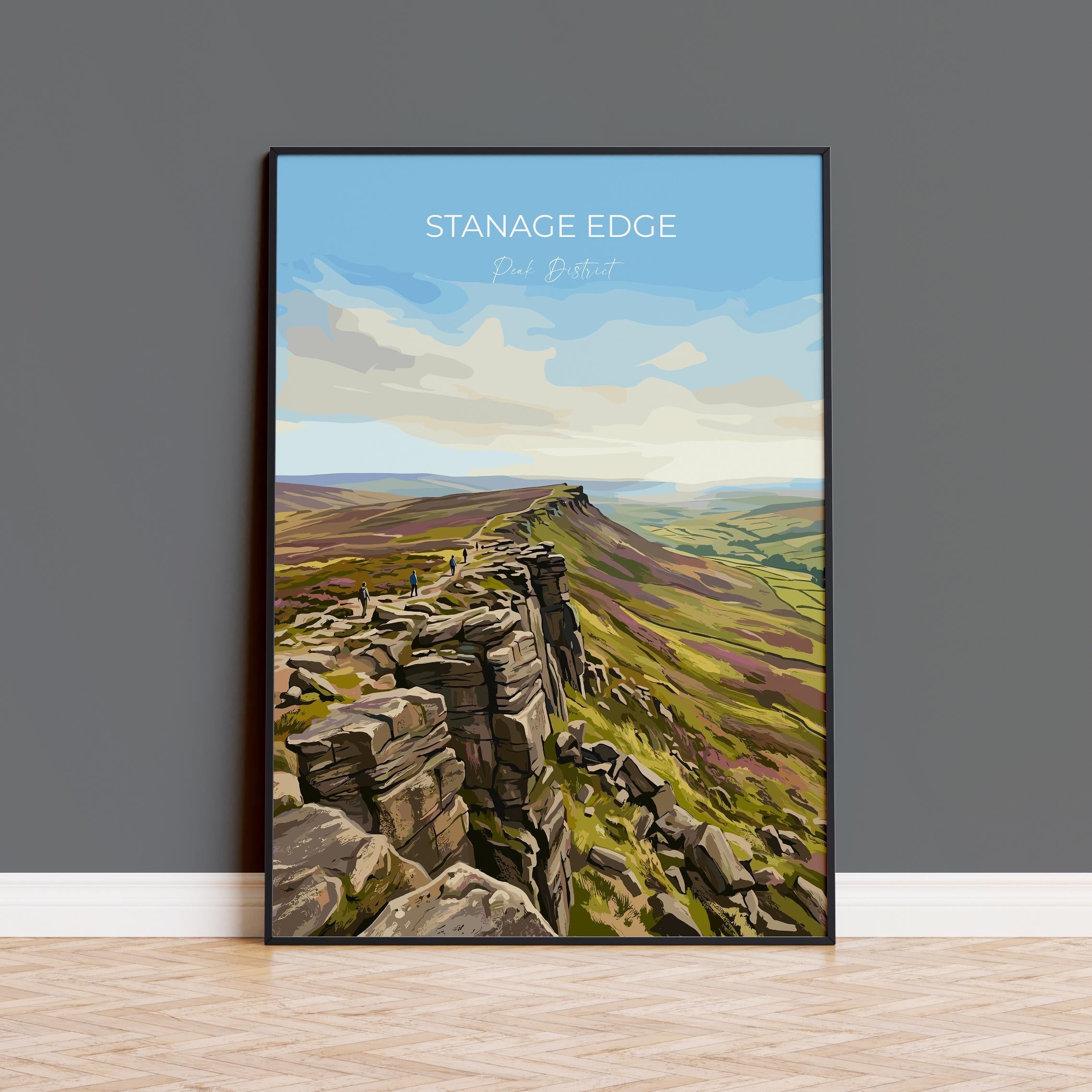 Stanage Edge Travel Print, Peak District Wall Art, Derbyshire Landscape Poster, Gritstone Ridge Illustration, Vintage Style UK Nature Decor NQ Media Designs