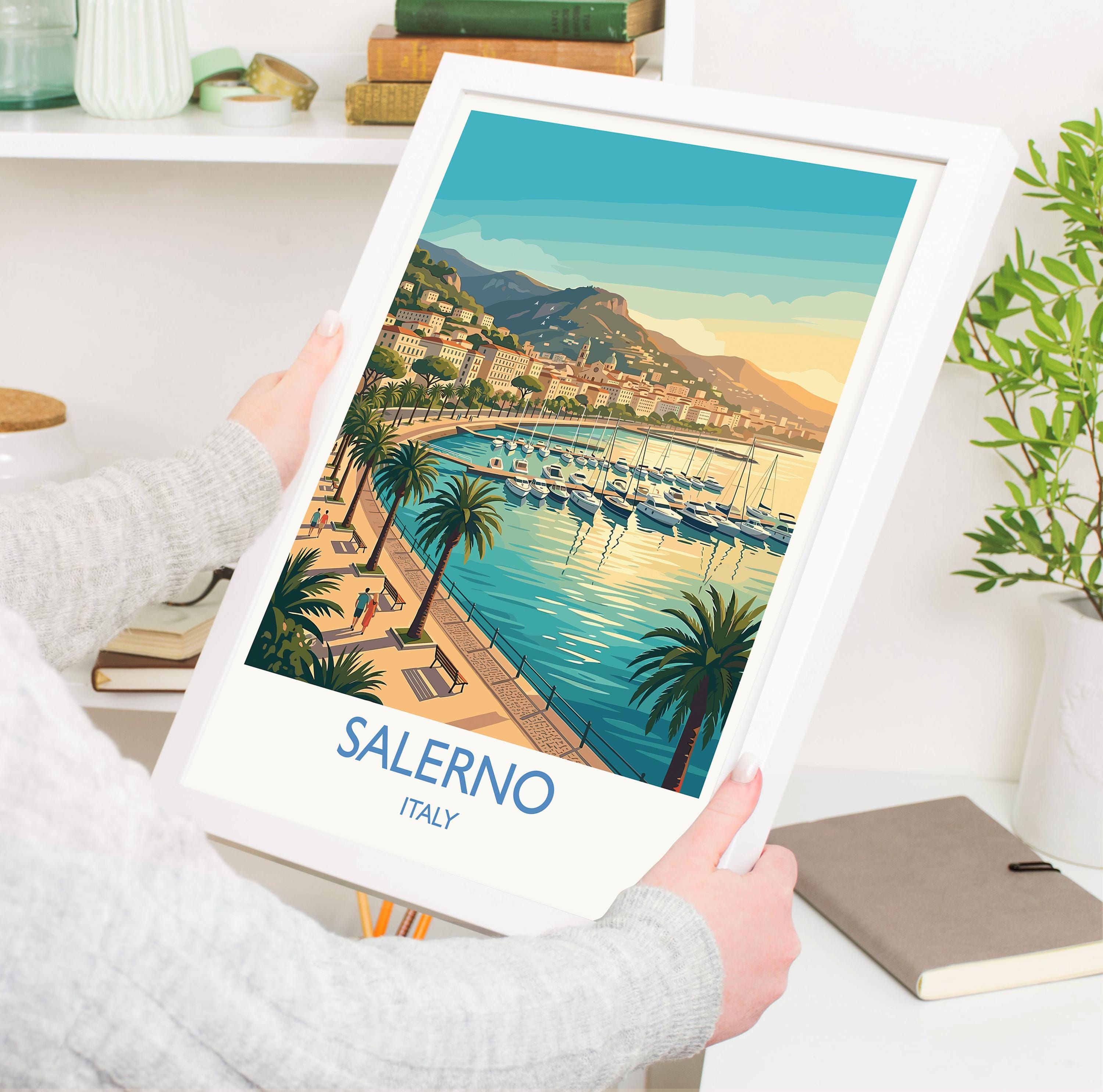 Salerno Italy Travel Poster, Amalfi Coast Gateway Wall Art, Mediterranean Seaside Print, Italian Coastal Illustration, Vintage Style Decor