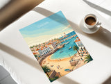 Cascais Portugal Travel Print, Portuguese Coast Wall Art, Seaside Town Poster, Atlantic Ocean Landscape Illustration, Europe Decor