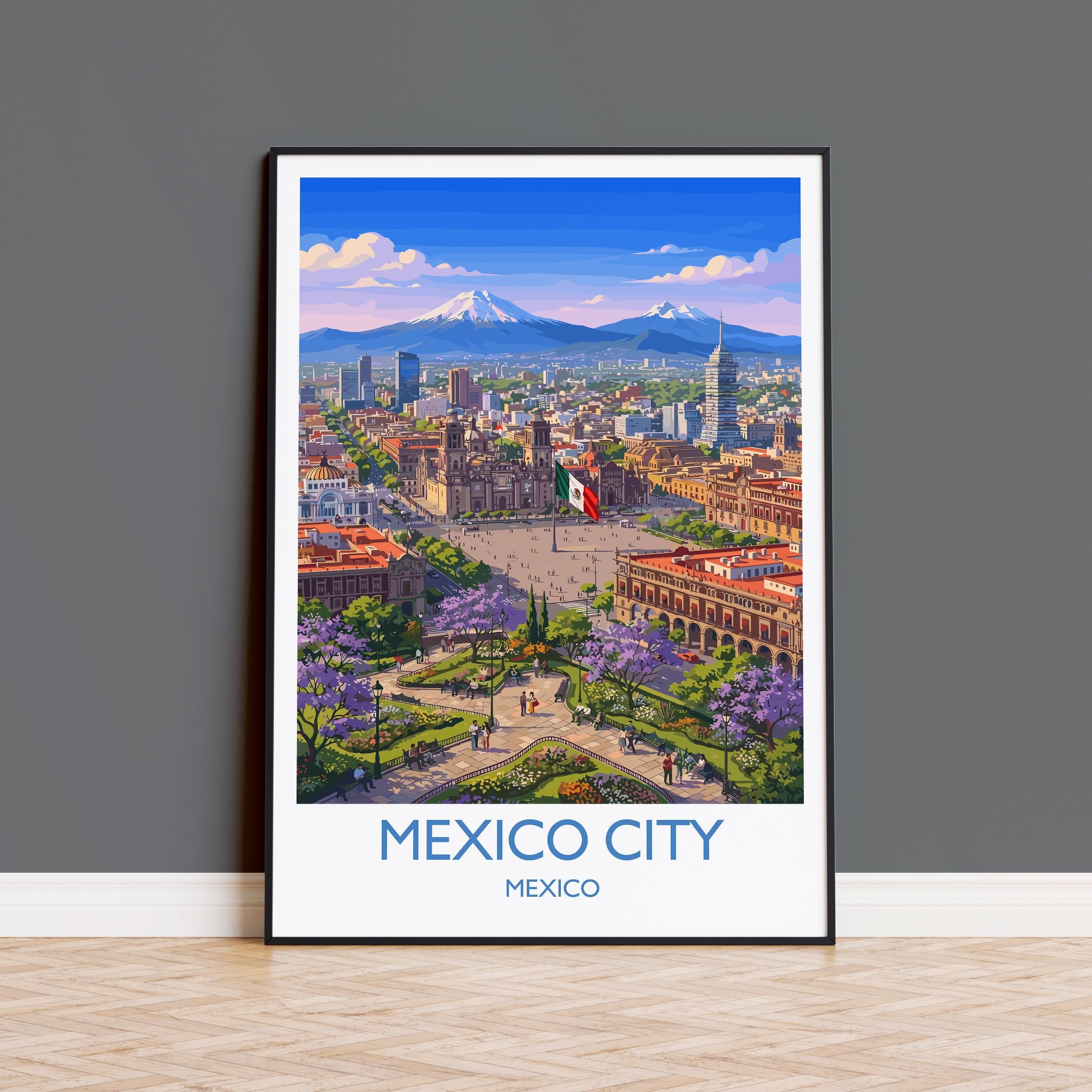 Mexico City Travel Poster, CDMX Skyline Wall Art, Palacio de Bellas Artes Print, Historic Centre Illustration, Vintage Style Mexico Decor