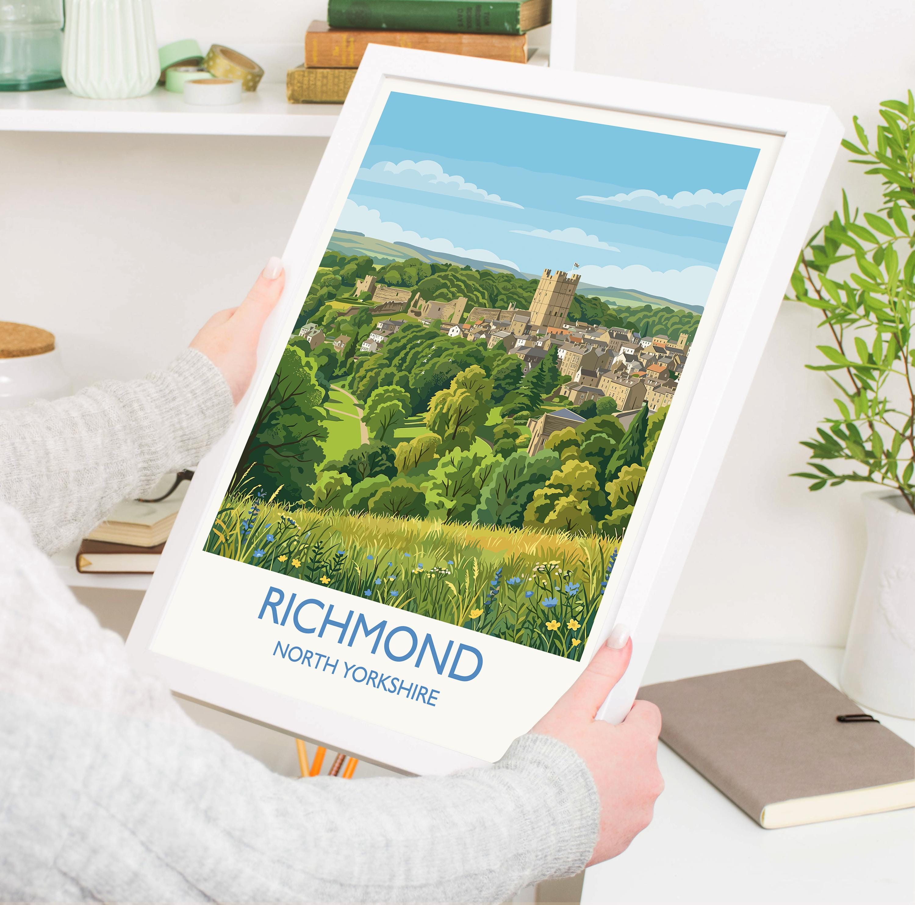 Richmond Yorkshire Travel Poster, Richmond Castle Wall Art, Yorkshire Dales Town Print, Historic Market Town Art, Vintage Style UK Decor