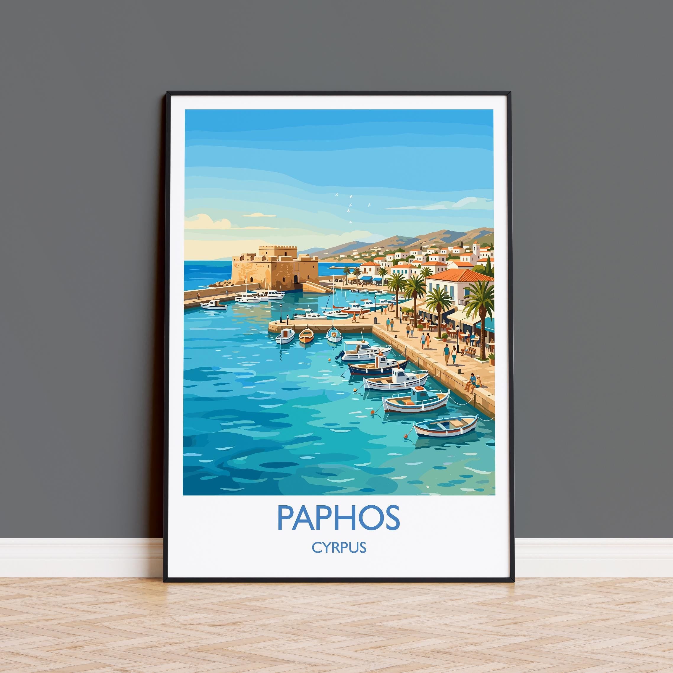 Paphos Cyprus Travel Poster, Mediterranean Coast Wall Art, Paphos Harbour Print, Seaside Landscape Illustration, Vintage Style Europe Decor