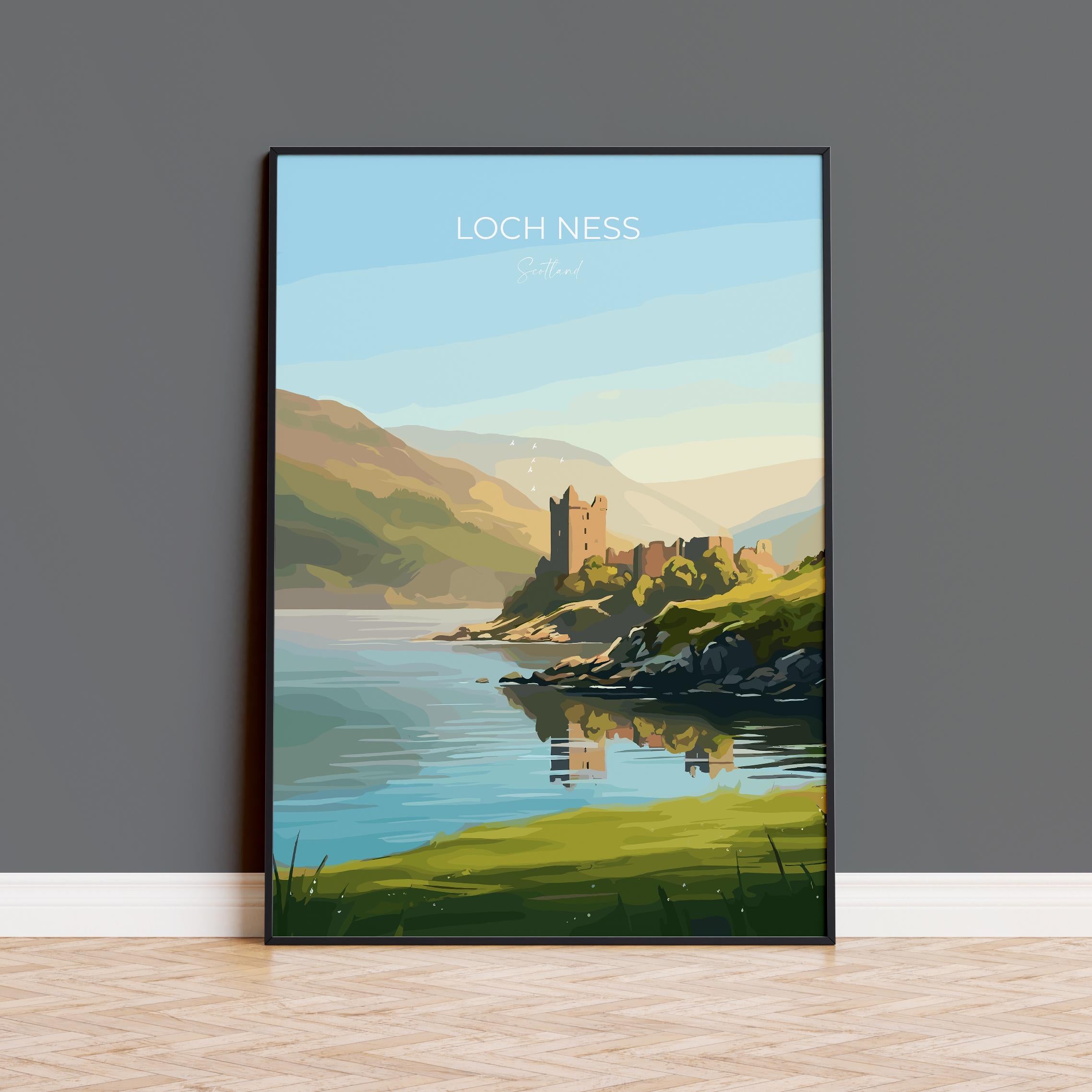 Loch Ness Scotland Travel Print, Scottish Highlands Wall Art, Loch Ness Landscape Poster, Scenic Nature Illustration, Vintage Style UK Decor